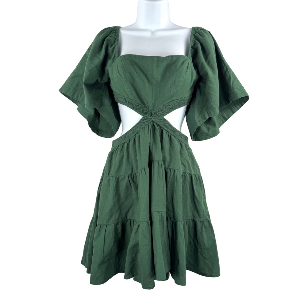 Free people puff sleeve linen blend tiered mini dress boho green sz S